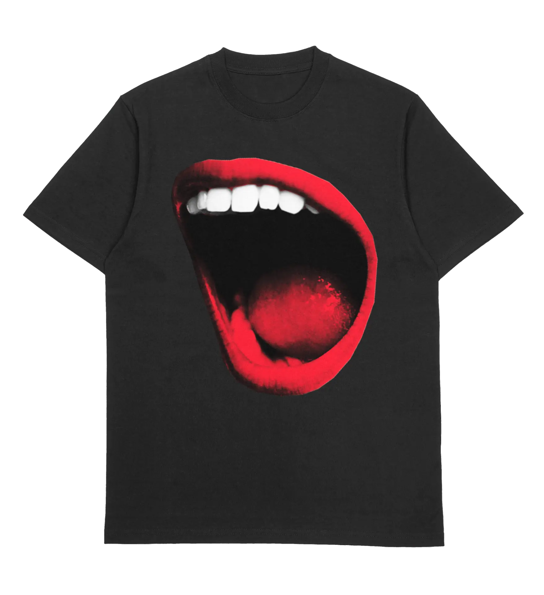 Black t-shirt with red open mouth artwork