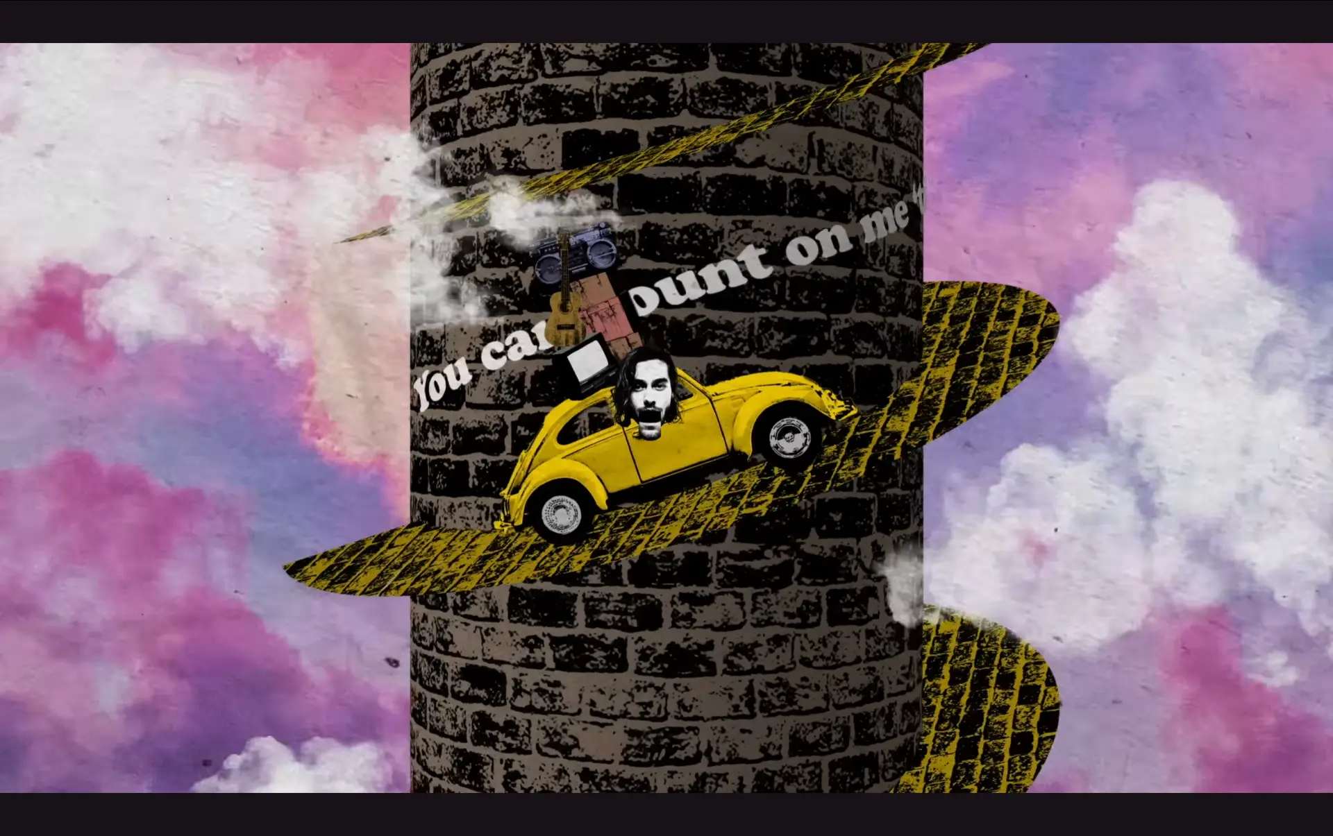 Better Days music video collage with a yellow car circling a brick tower