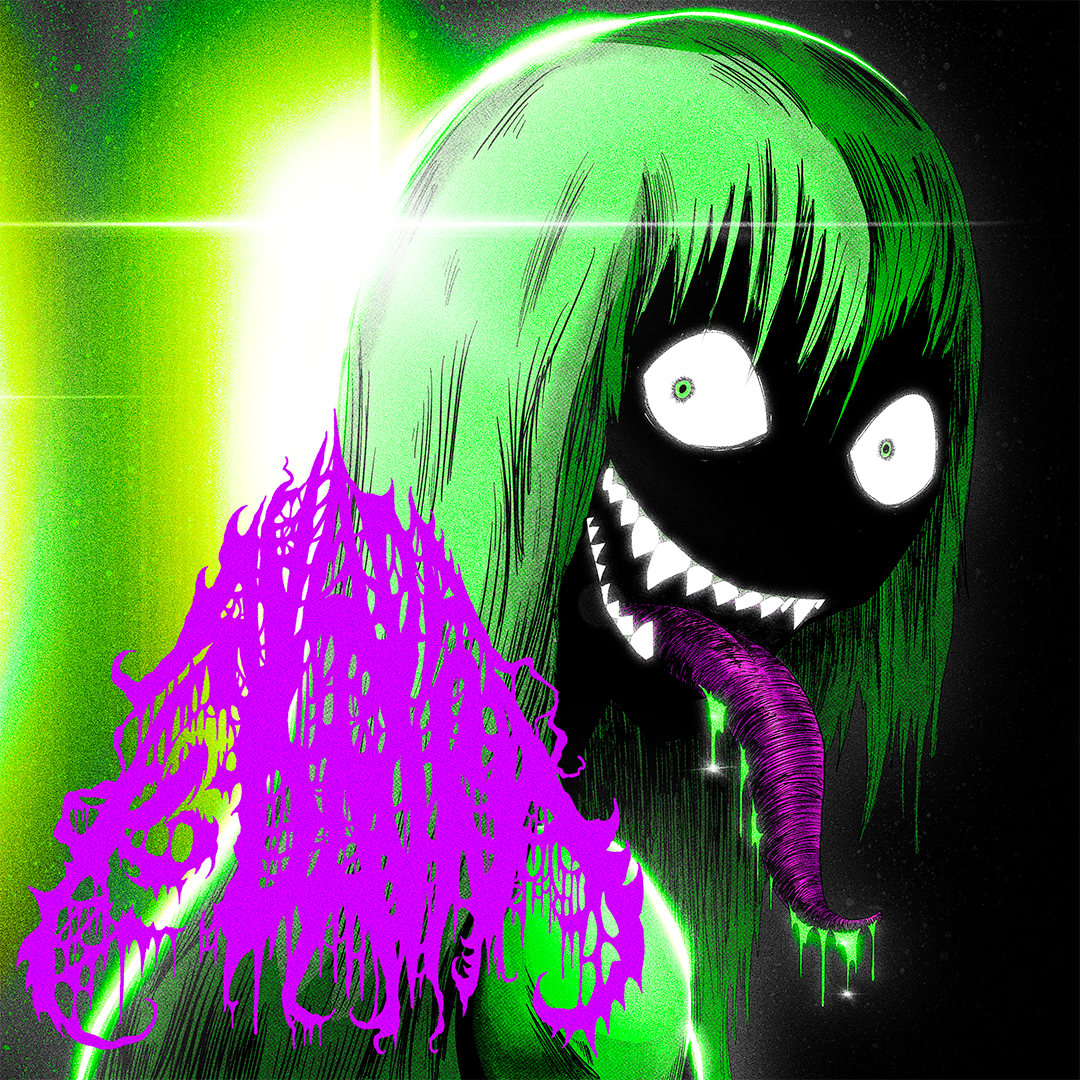 AK — neon green creature with a dripping purple silhouette