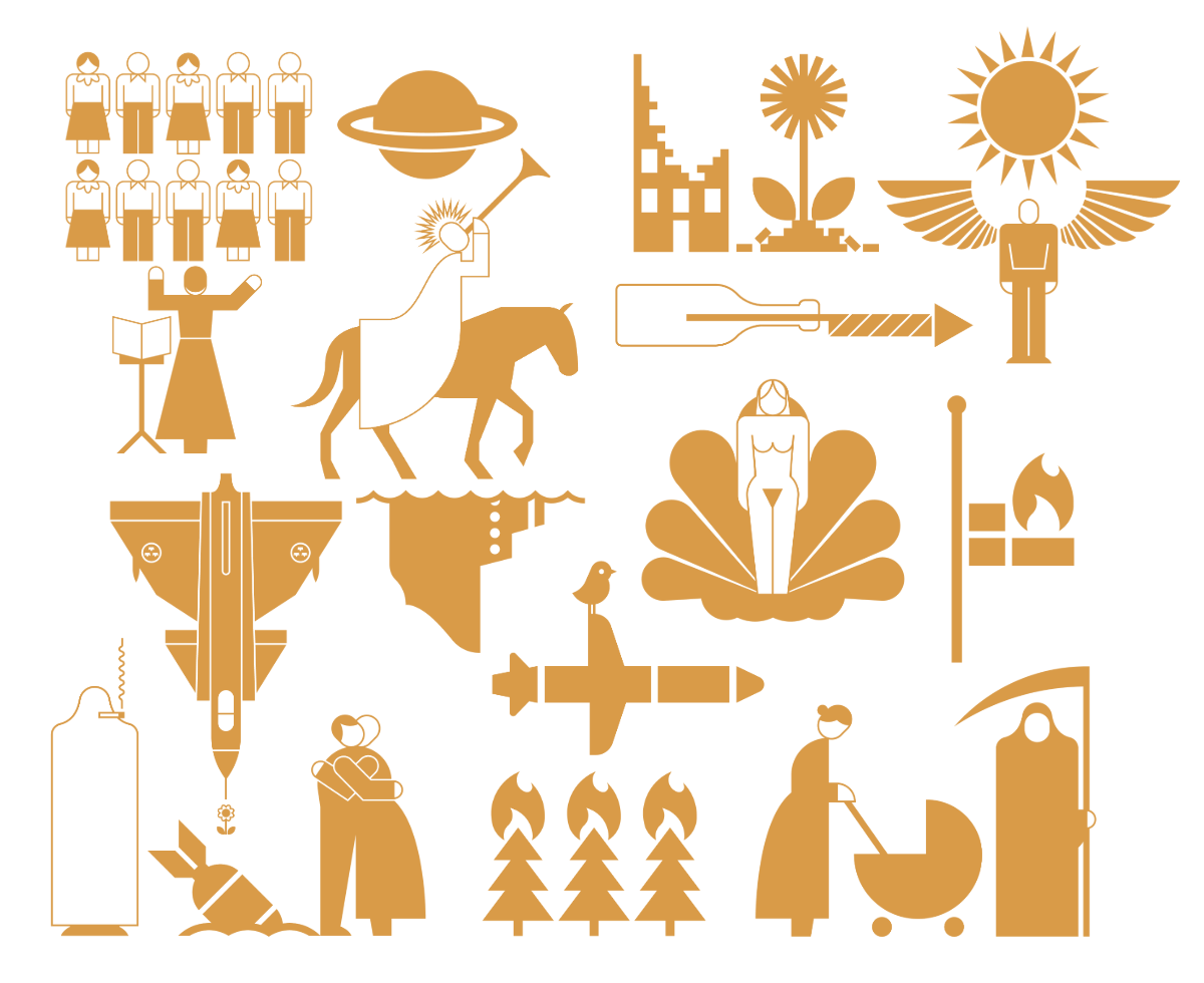 Golden Joakim Berg isotypes depicting figures, flowers, animals, and symbols