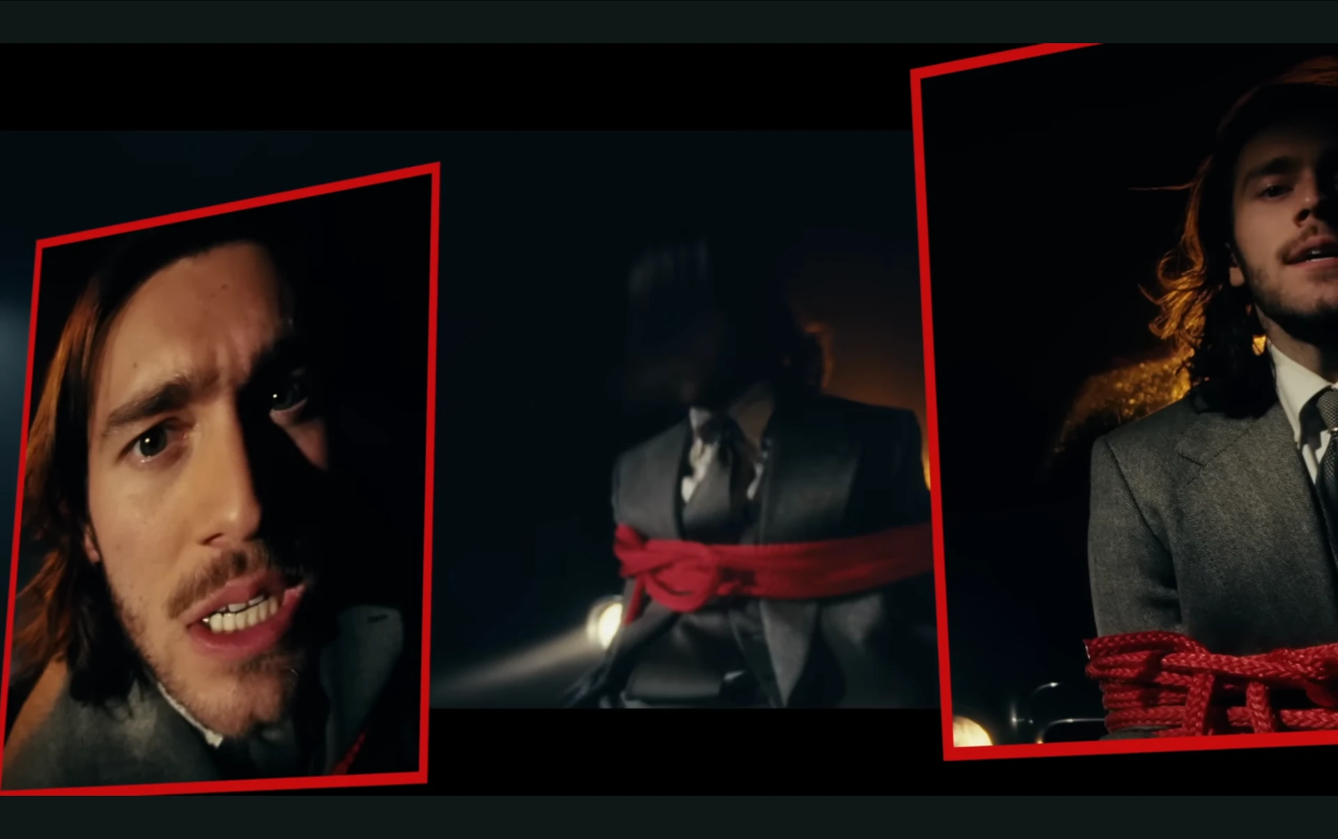 Music video triptych with red frames and a suited figure