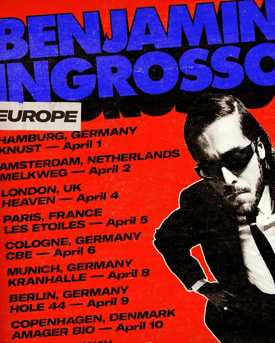 Better Days Tour European tour date poster in red and blue